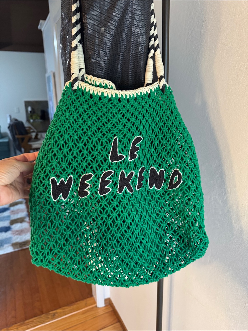 Clare V Green Crochet 'Le Weekend' Tote with Black & White Trim - Picture 3 of 4